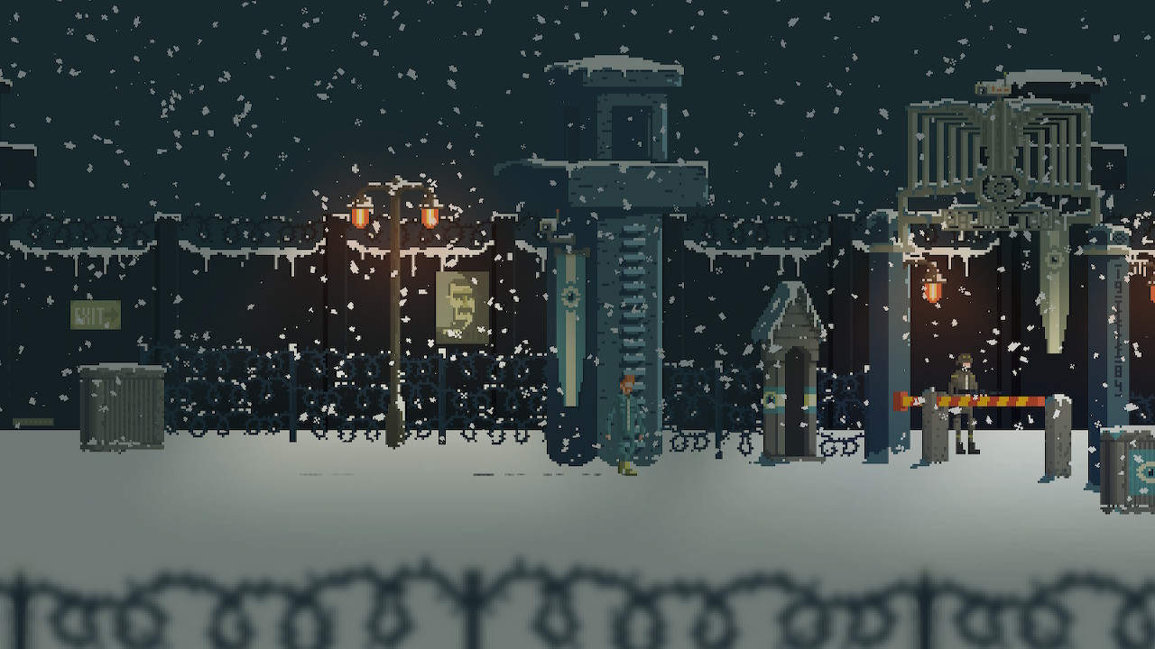 A snowy scene showing our protaganist at the foot of a tower with a guard standing to the right, at a gate.